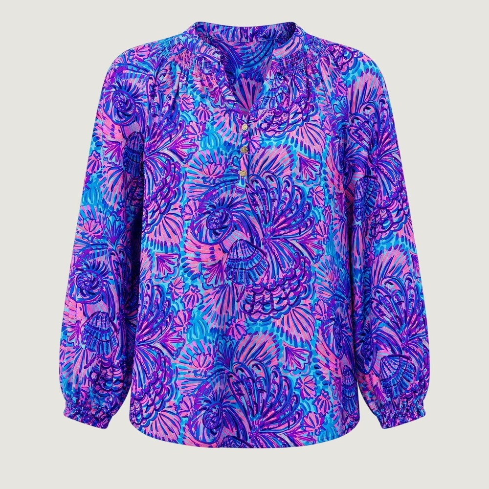 Lilly Pulitzer Elsa 100% Silk Blouse XS Turquoise Oasis Shelleidoscope Tunic Top
